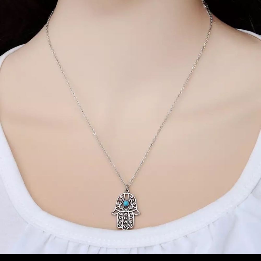 Lucky Hamsa or Fatima Necklace in Silver Tone - Picture 3 of 5